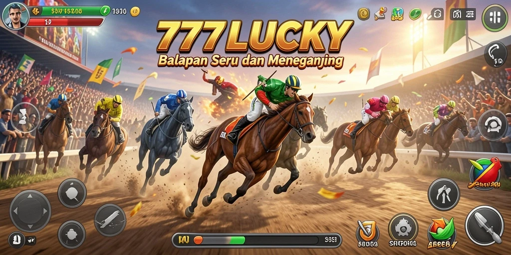 Screenshot gameplay 777LUCKY menunjukkan aksi balapan yang mendebarkan dan mobil yang berkilau.