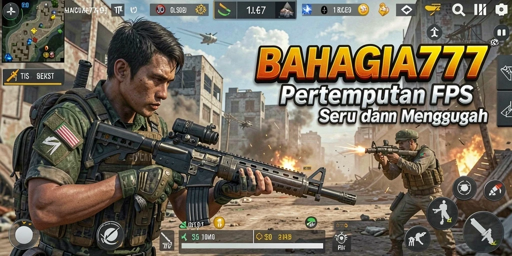 Tampilan permainan BAHAGIA777 yang intens di battlefield FPS.