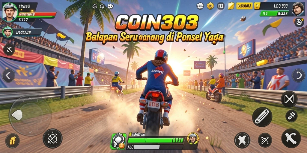Tampilan gameplay COIN303 dengan mobil balap di sirkuit yang penuh tantangan.