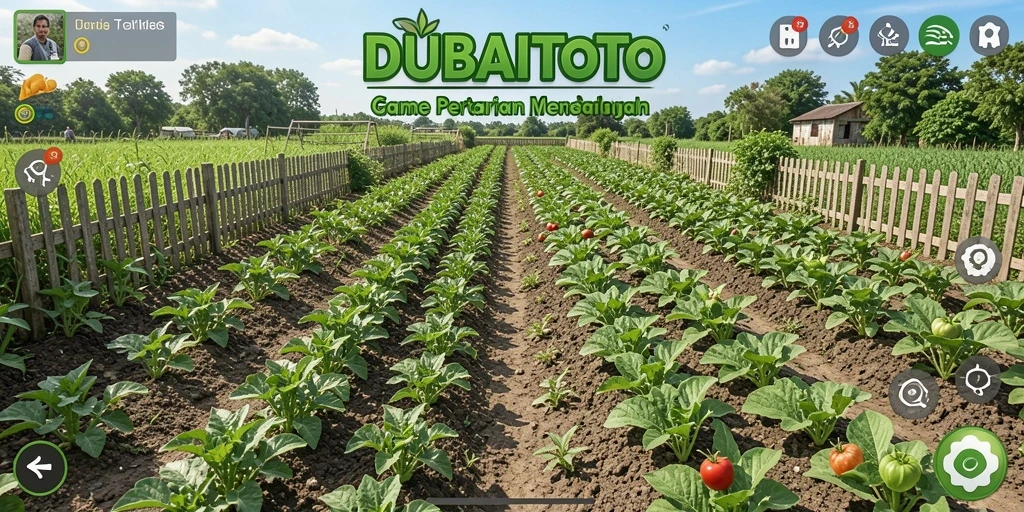 Screenshot gameplay DUBAITOTO menampilkan kebun yang subur dan berwarna warni.