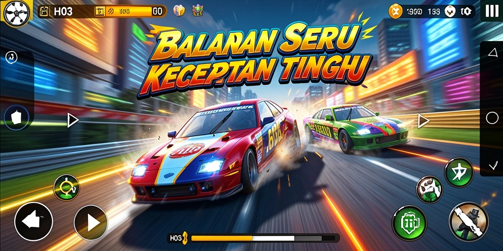 Gameplay H03 menampilkan balapan seru dengan mobil kencang di trek menantang.