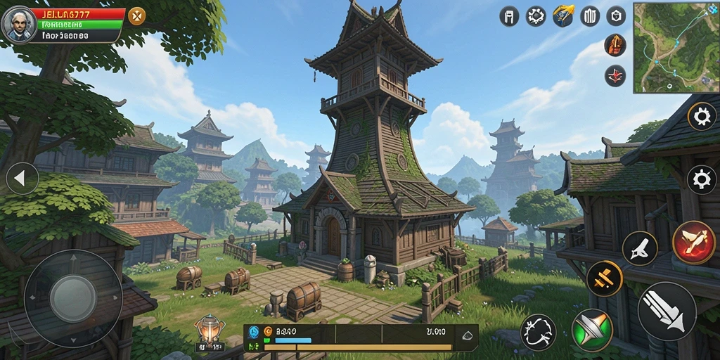 Tampilan gameplay JELAS777 menunjukkan menara pertahanan yang sedang beraksi.
