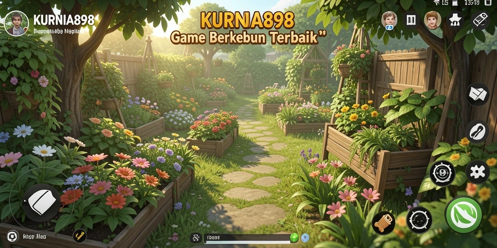 Tampilan gameplay <strong>KURNIA898</strong> menunjukkan kebun yang indah dan aktivitas bertani.