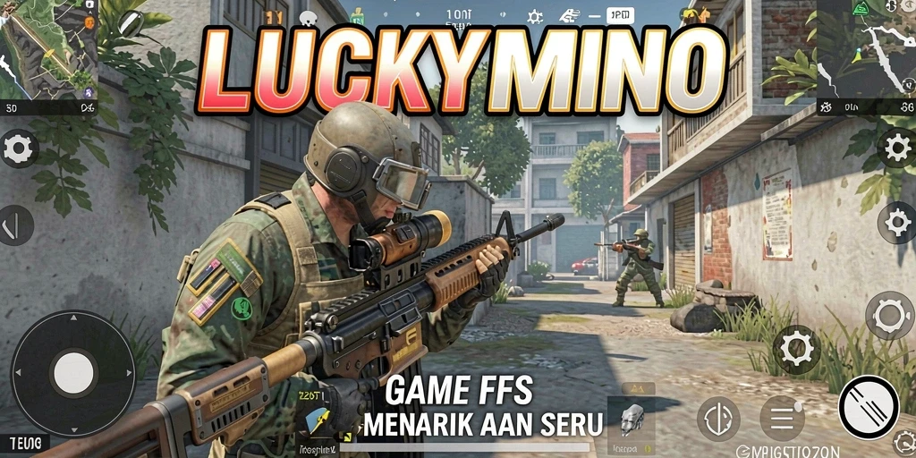 Screenshot gameplay menampilkan aksi tembak-menembak yang intens di LUCKYMINO.