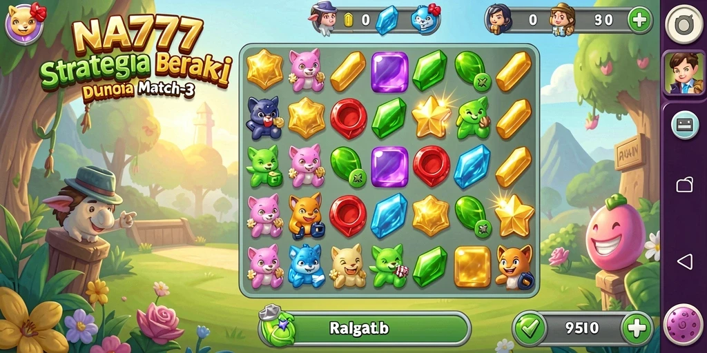 Screenshot NA777 menampilkan gameplay Match-3 yang penuh warna dan seru.