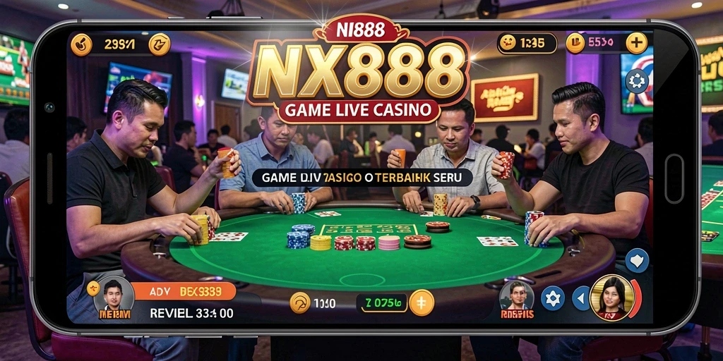 Tampilan utama NX888 dengan dealer langsung dan permainan menegangkan.