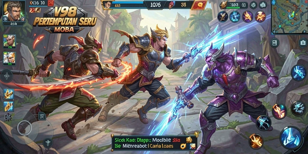Tangkapan layar V98 menampilkan pertarungan intens dalam arena MOBA.