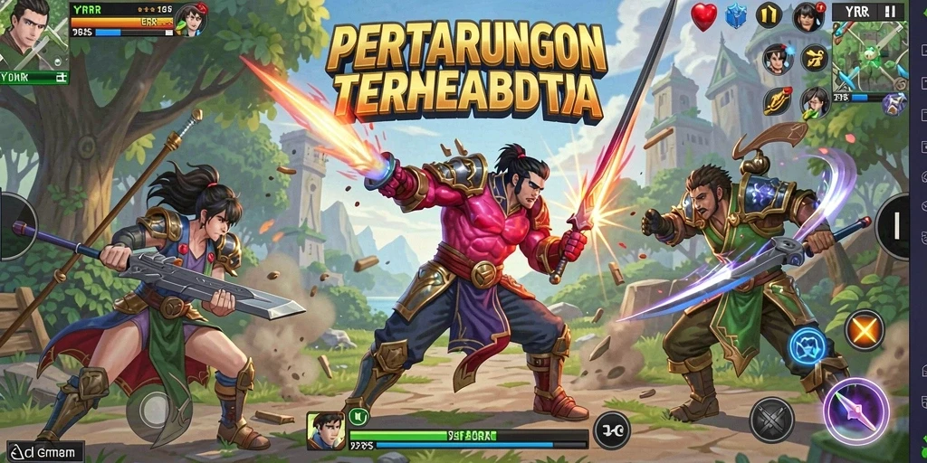 Tampilan gameplay YYRR dengan pertarungan mendebarkan dan karakter yang beragam.